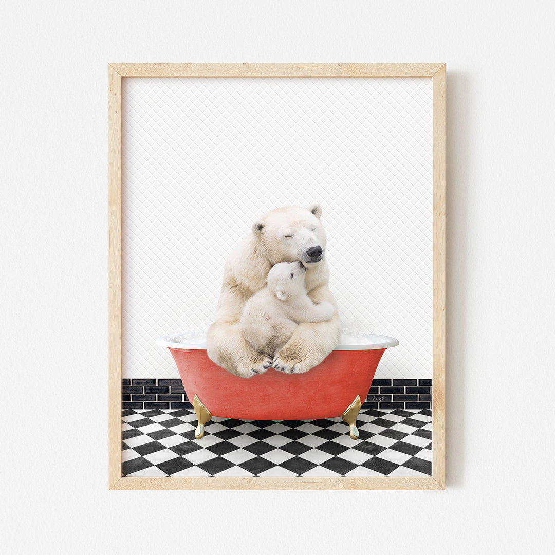 a polar bear sitting in a bathtub with two cubs