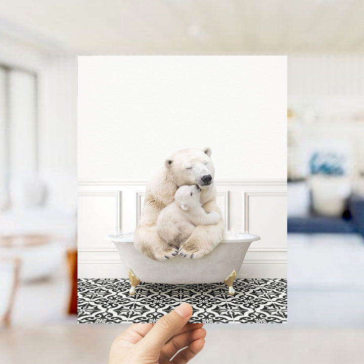 A polar bear sitting in a bathtub, with a baby polar bear nestled next to it, creating a heartwarming scene.