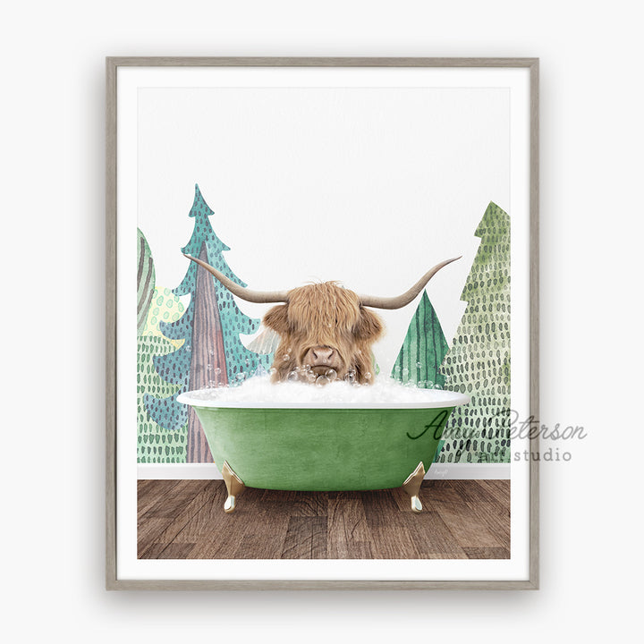 a picture of a bull in a bathtub with trees in the background