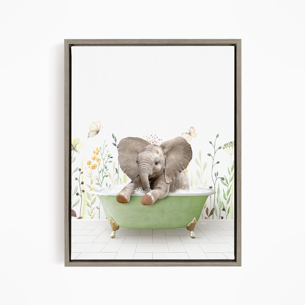 A baby elephant sitting in a green bathtub, surrounded by flowers and butterflies.
