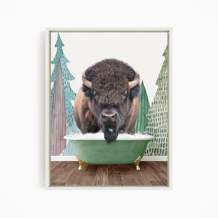 A bison with a long beard is standing in a green bathtub, with a forest scene in the background.