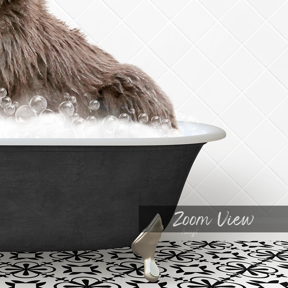 A close-up of a dog's paw submerged in a bathtub filled with bubbles, with a text overlay that reads "Zoom View".