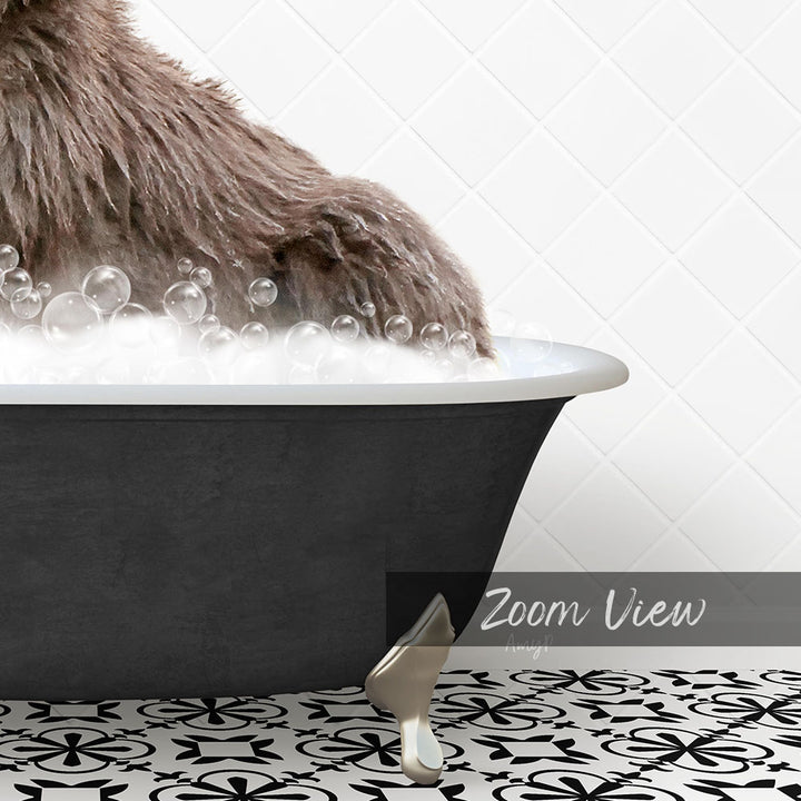 A close-up of a dog's paw submerged in a bathtub filled with bubbles, with a text overlay that reads "Zoom View".