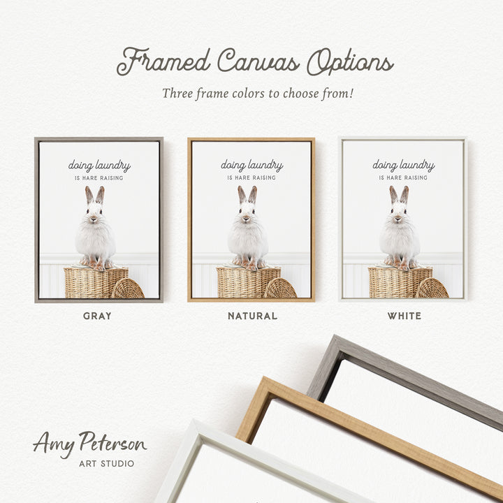 The image is a framed canvas option featuring three different colored frames with a white rabbit in a basket. The text above the image reads " Framed Canvas Options" and below the image, it says "Three frame colors to choose from!". The text at the bottom of the image says " Amy Peterson ART STUDIO".