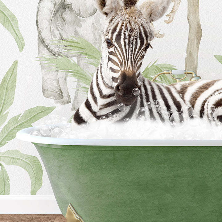 a baby zebra laying in a green bath tub