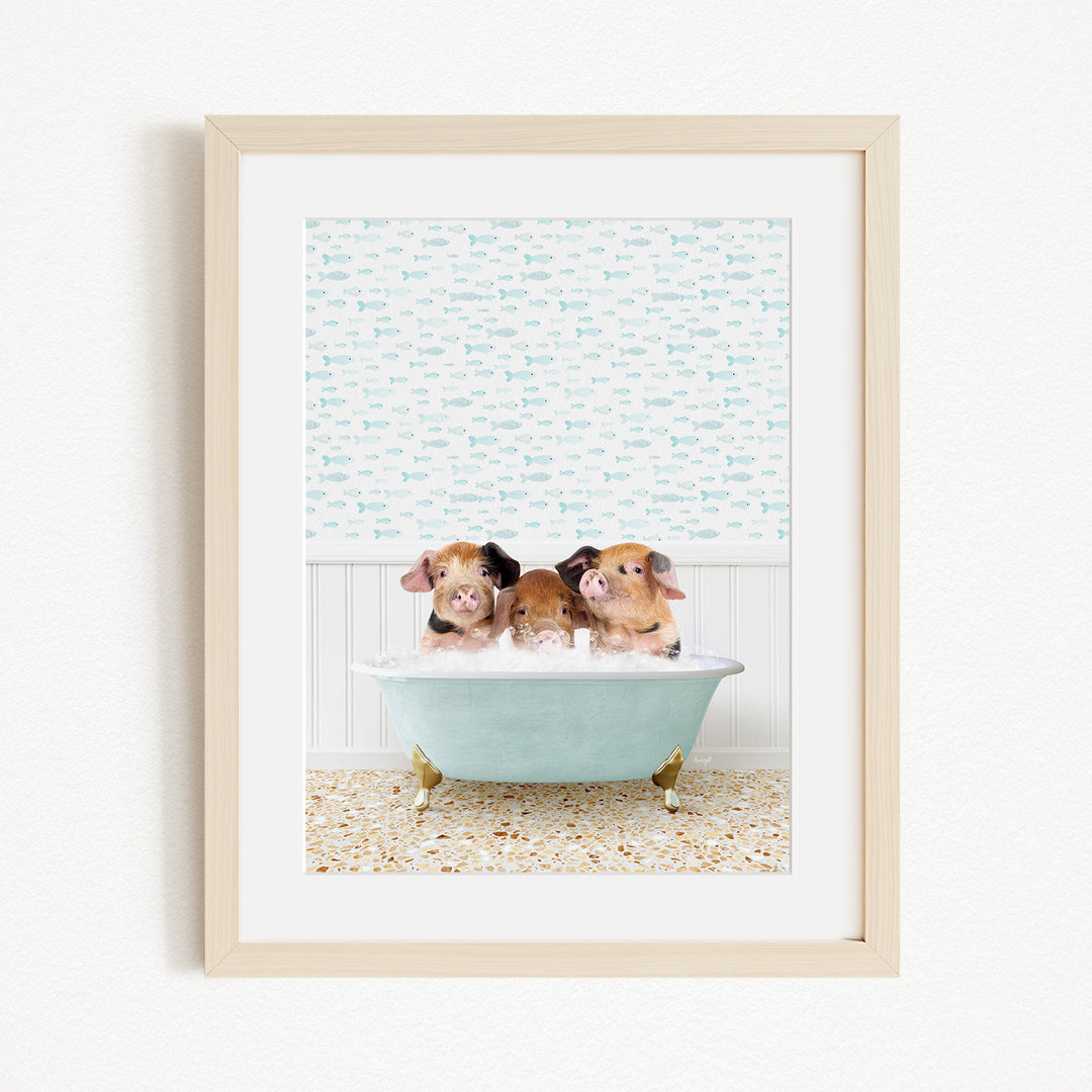 Three adorable pigs sitting in a light blue bathtub, surrounded by a patterned wall and a tiled floor.