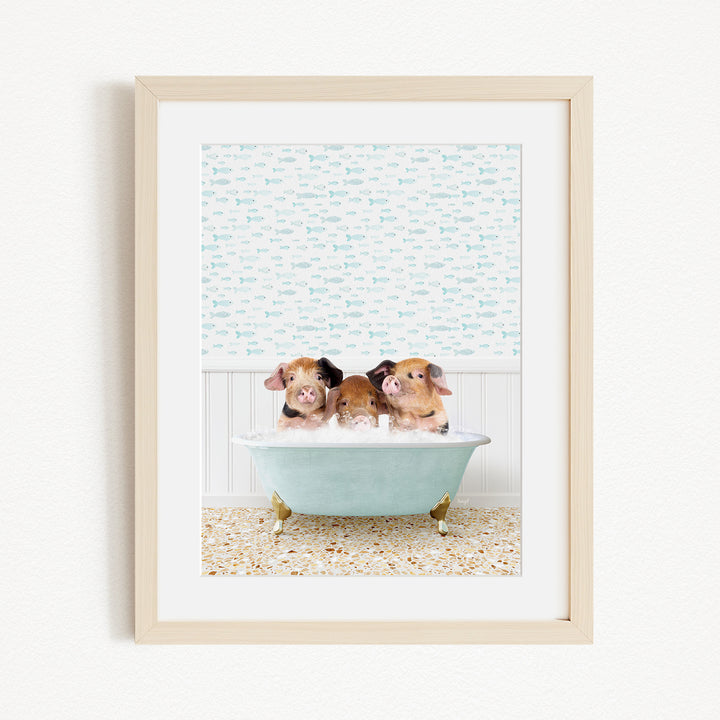 Three adorable pigs sitting in a light blue bathtub, surrounded by a patterned wall and a tiled floor.
