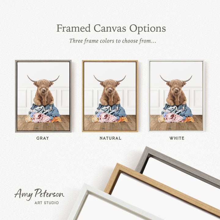 three framed canvas options, each featuring a different color: gray, natural, and white. The text above the images reads " framed Canvas Options" and "Three frame colors to choose from...". The text below the images reads "Grays", "NATURAL", and "WHITE". The artist's name, Amy Peterson, is also mentioned at the bottom of the image.