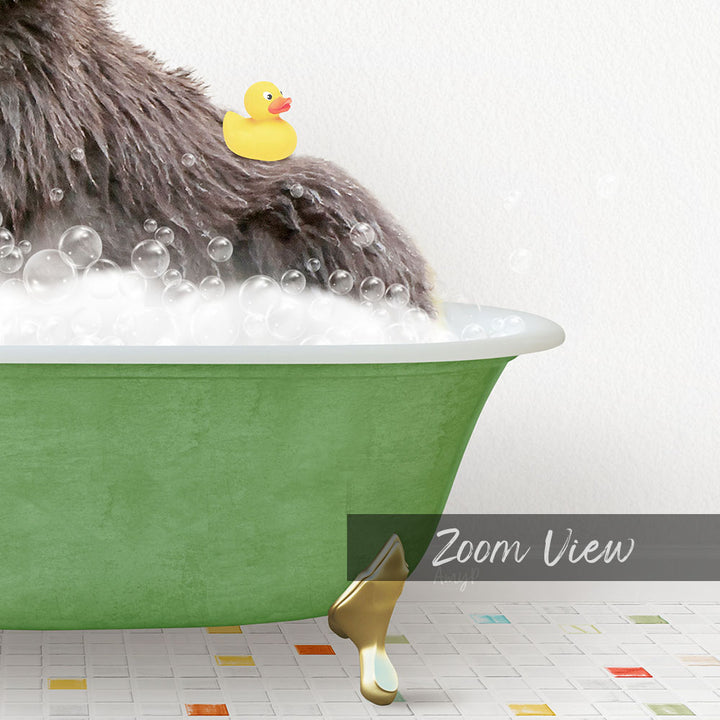 A fluffy brown dog is sitting in a green bathtub filled with bubbles, with a yellow rubber duck floating on the water.
