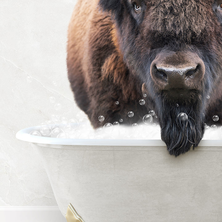 a large buffalo standing in a bathtub with bubbles