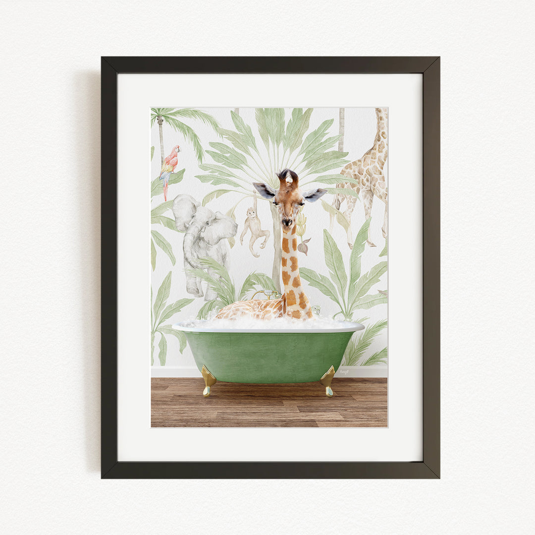 A giraffe is standing in a green bathtub filled with water, surrounded by various animals and plants, creating a whimsical and playful scene.