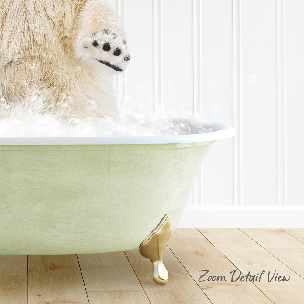 A polar bear is standing in a green bathtub filled with bubbles, with its paw in the water.