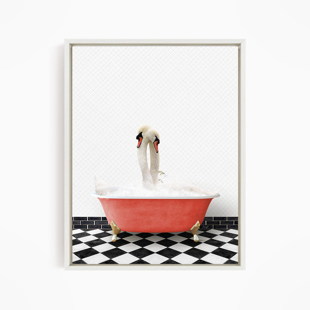 A pair of swans sitting in a red bathtub on a black and white checkered floor.