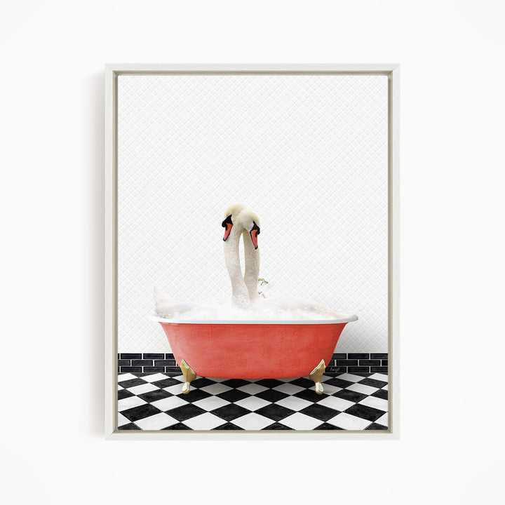 A pair of swans sitting in a red bathtub on a black and white checkered floor.