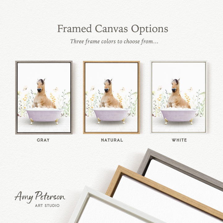 three framed canvas options, each featuring a brown horse sitting in a bathtub with flowers. The options include a gray, a natural, and a white frame.