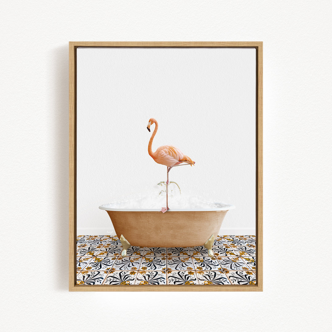 A pink flamingo standing on one leg in a bathtub filled with water, set against a white background with a patterned tile floor.