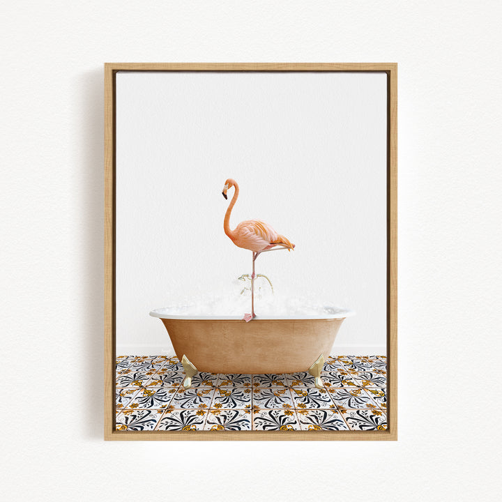 A pink flamingo standing on one leg in a bathtub filled with water, set against a white background with a patterned tile floor.