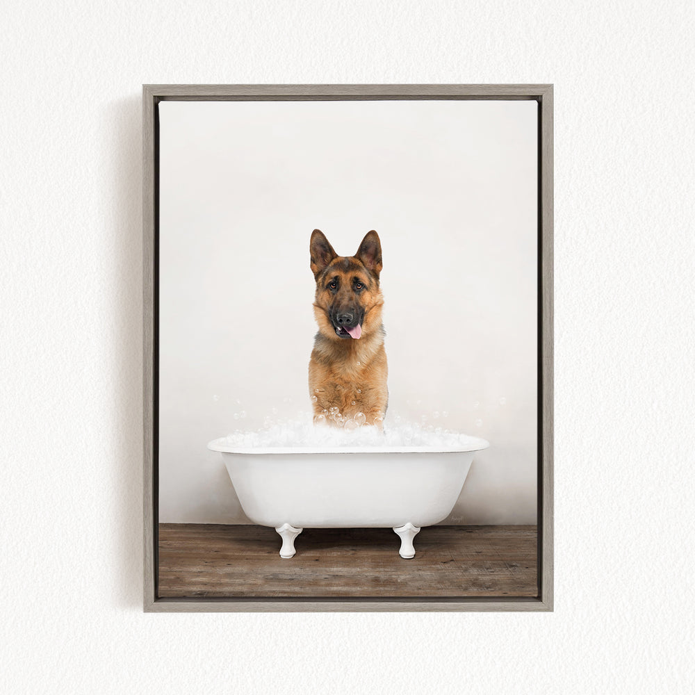 A German Shepherd dog standing in a white bathtub filled with bubbles, looking directly at the camera with its tongue hanging out.