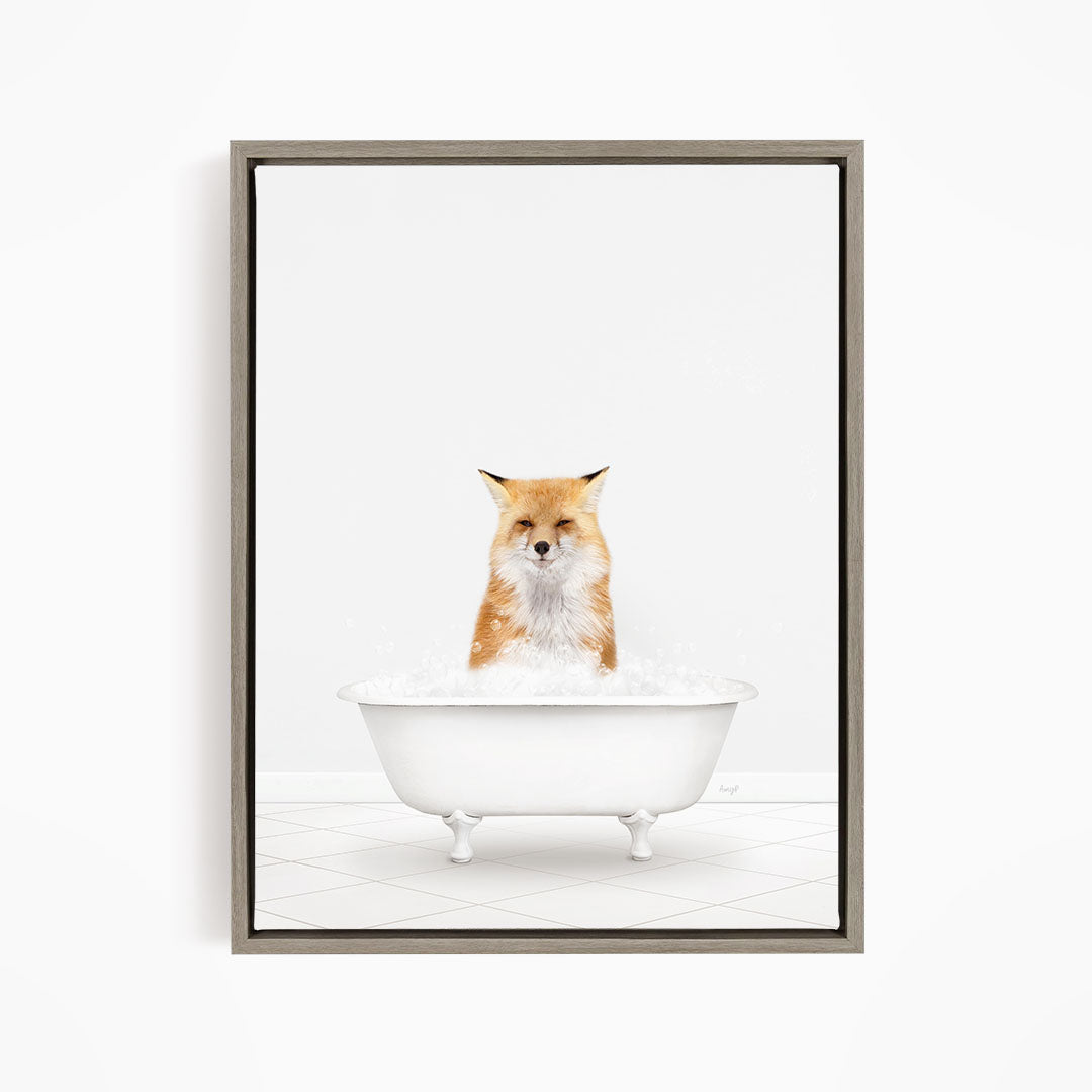 A red fox sitting in a white bathtub filled with water.