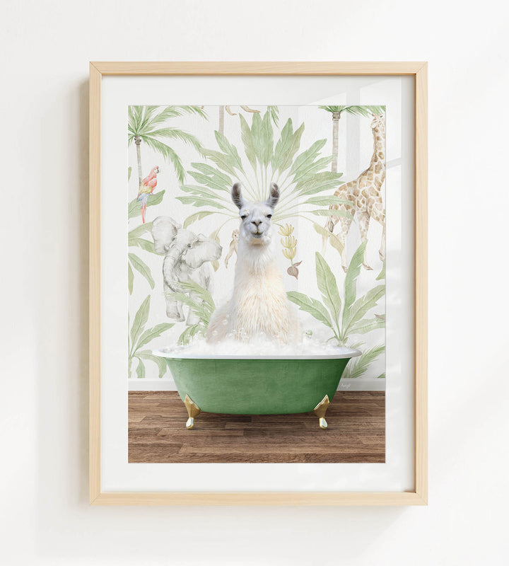 A white llama sitting in a green bathtub, surrounded by tropical foliage and a giraffe in the background.
