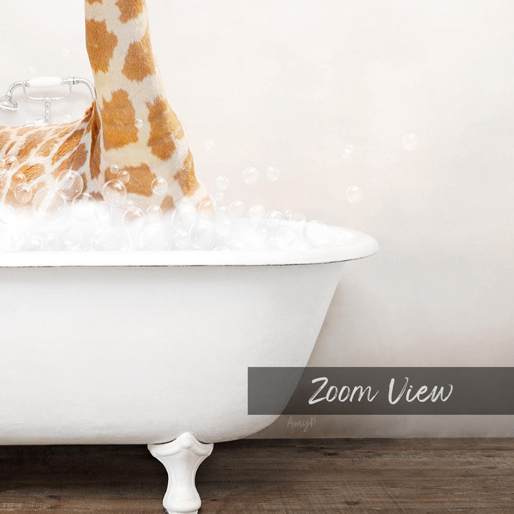 A giraffe standing in a white bathtub filled with bubbles, with the text "Zoom View" below the image.