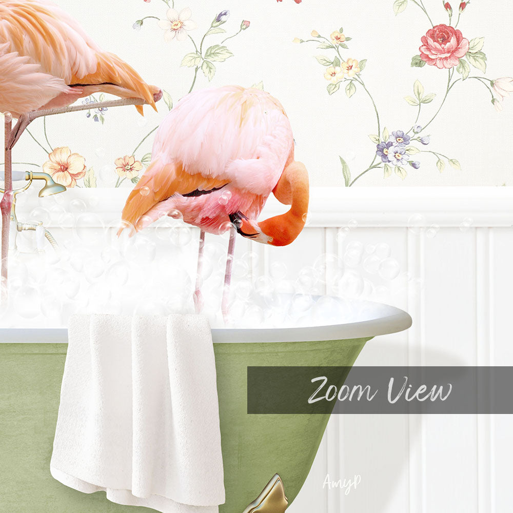 A pink flamingo is standing in a bathtub filled with water, surrounded by a floral wallpaper.