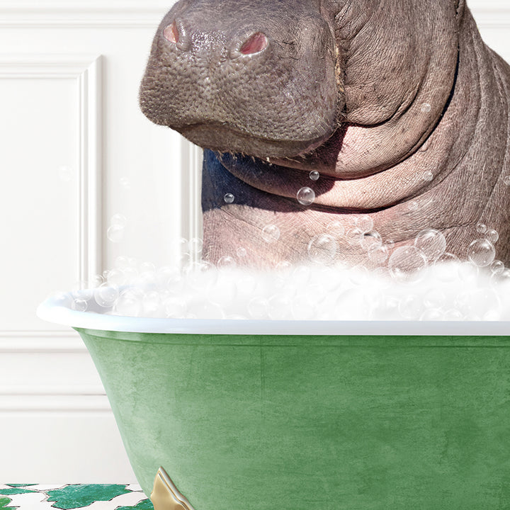 a hippopotamus sitting in a bathtub full of bubbles