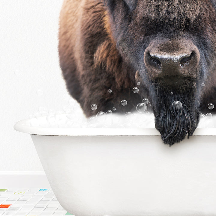 a bison is standing in a bathtub with bubbles