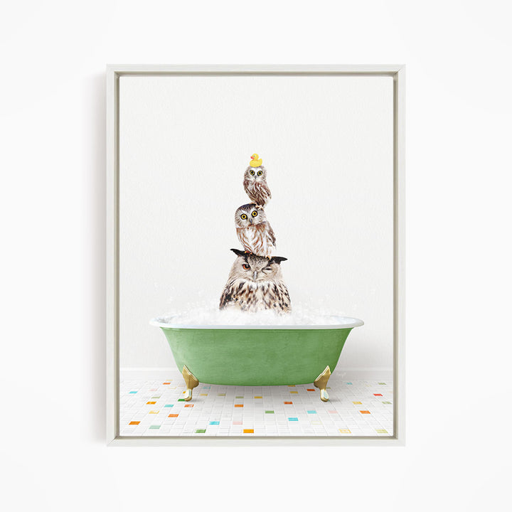 A framed image depicting three owls sitting in a green bathtub filled with bubbles, with one of the owls wearing a yellow hat.