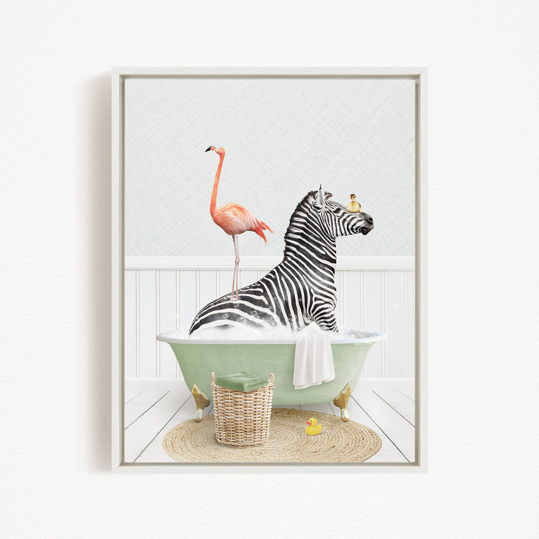 A zebra is sitting in a green bathtub, surrounded by a pink flamingo and a yellow rubber duck, creating a whimsical and playful scene.