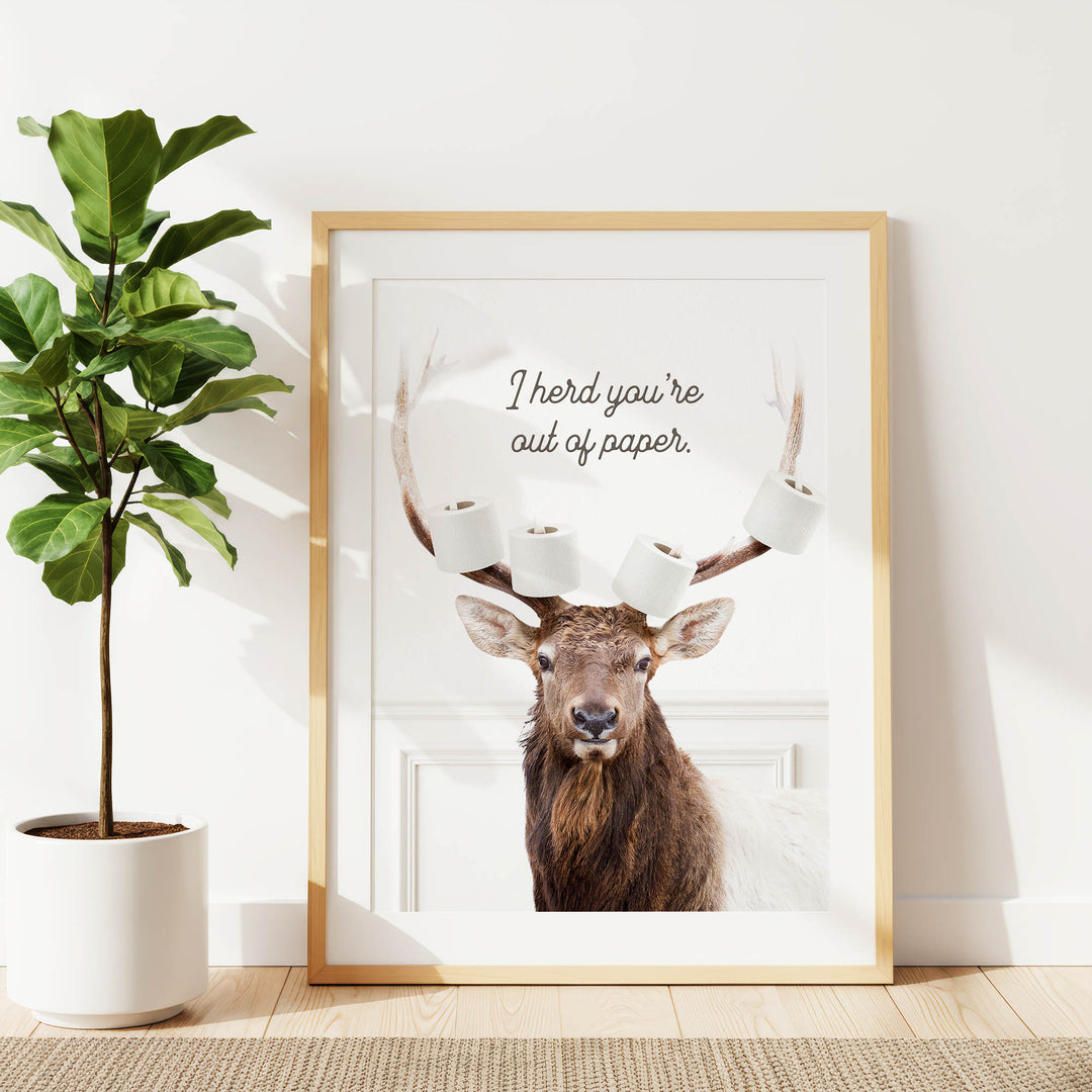 a deer with antlers, and there are four rolls of toilet paper hanging from its antlers.