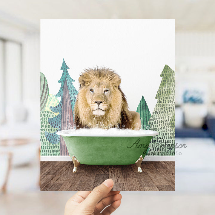 a lion sitting in a green bath tub