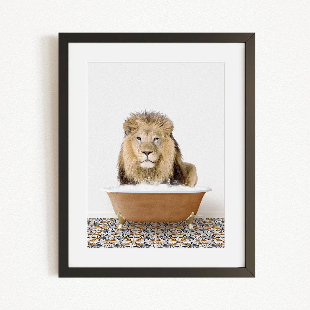 A lion sitting in a bathtub filled with water, surrounded by a patterned tile floor.
