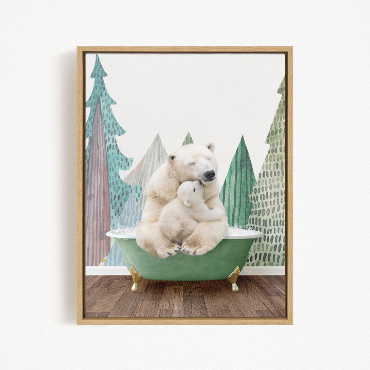 A polar bear is sitting in a green bathtub, surrounded by a forest scene with trees and snow.
