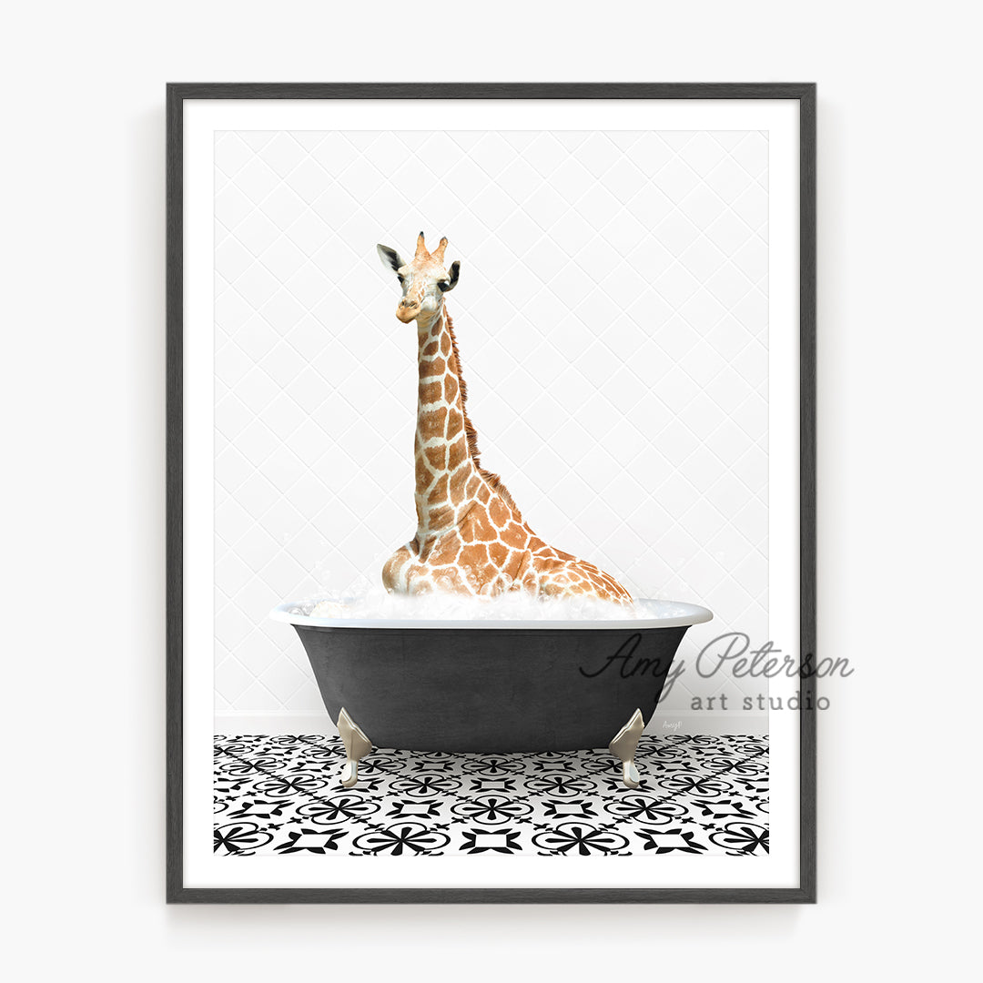 a picture of a giraffe sitting in a bathtub