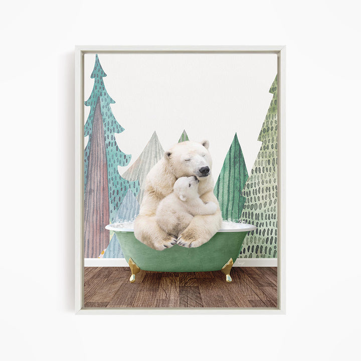 A polar bear and its cub are sitting in a green bathtub, surrounded by a forest scene with trees and a snowy landscape.