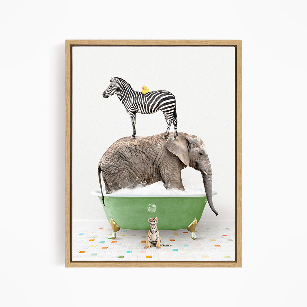 A zebra stands on the back of an elephant, which is submerged in a green bathtub, with a small tiger sitting nearby.