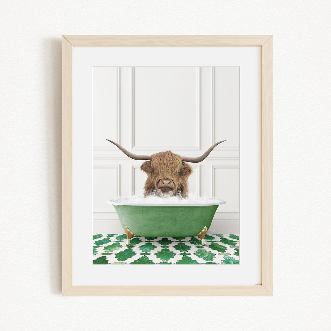 A brown cow with long horns is sitting in a green bathtub filled with water, surrounded by a green and white patterned rug.