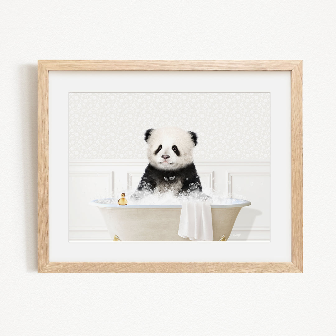 A cute panda bear sitting in a bathtub filled with bubbles, enjoying a relaxing bath.