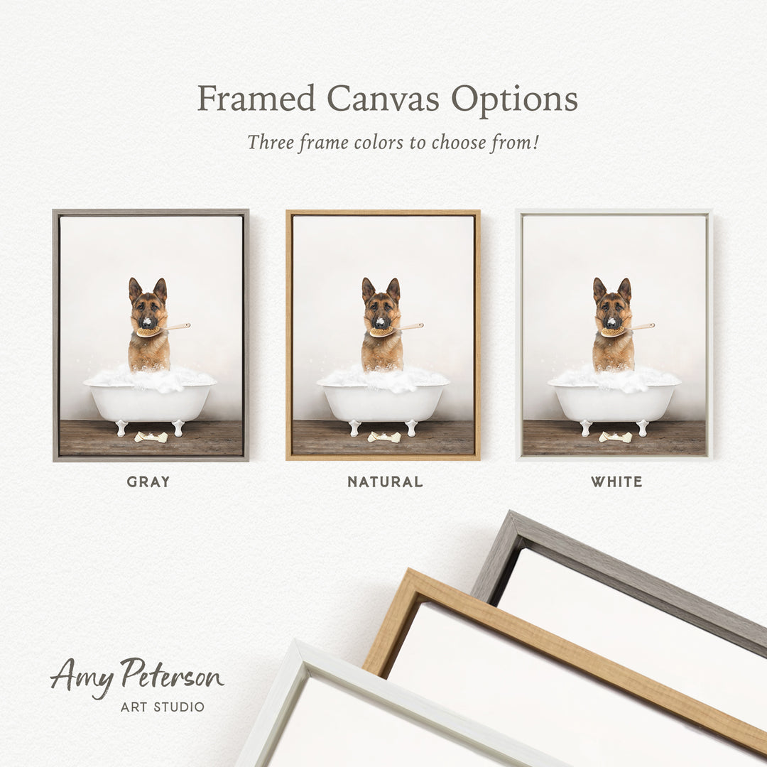 three framed canvas options for a photograph of a dog sitting in a bathtub, each with a different frame color: gray, natural, and white.