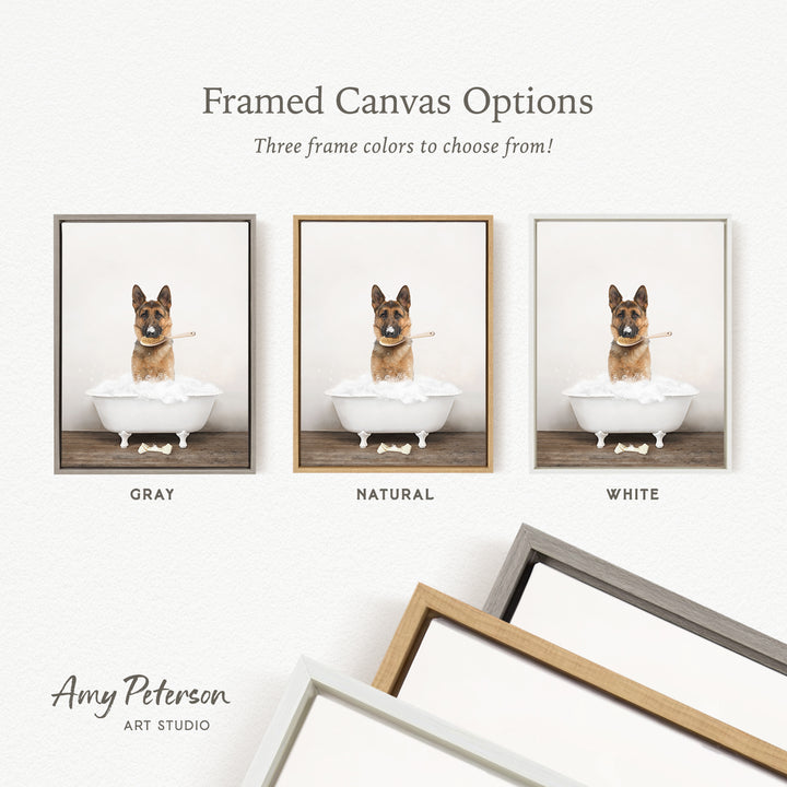 three framed canvas options for a photograph of a dog sitting in a bathtub, each with a different frame color: gray, natural, and white.