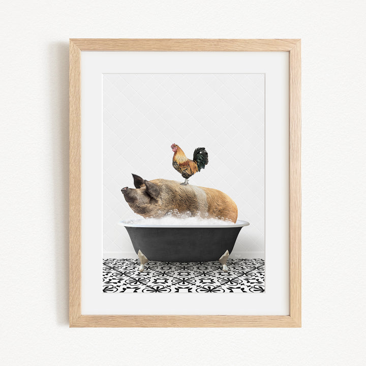 A rooster stands on a pig in a black bathtub, creating a whimsical and humorous scene.