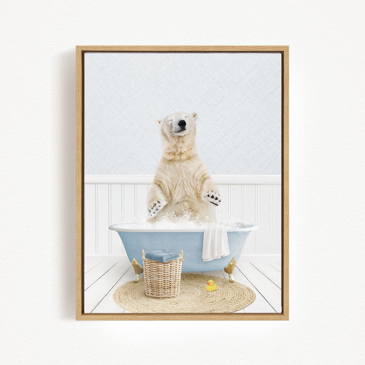 A polar bear standing in a blue bathtub filled with water, surrounded by a yellow rubber duck and a woven basket.