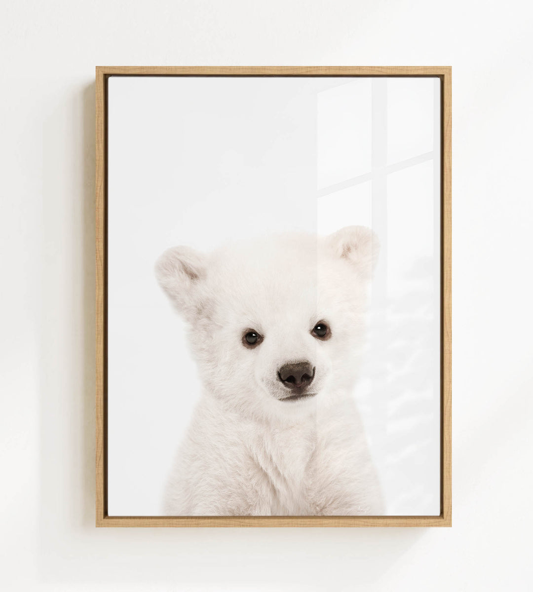 A cute white polar bear cub with large eyes and a black nose is the focus of the framed image.