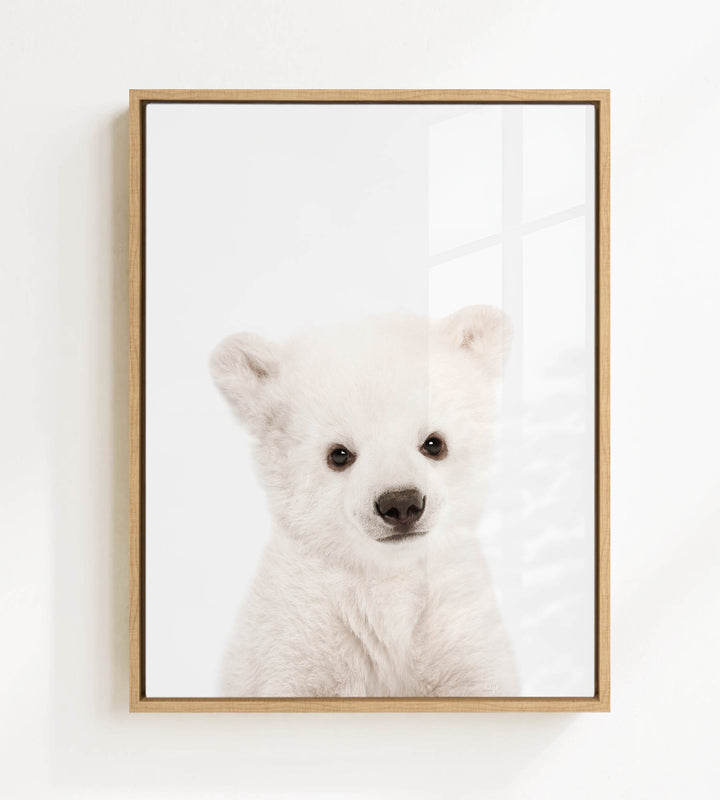 A cute white polar bear cub with large eyes and a black nose is the focus of the framed image.