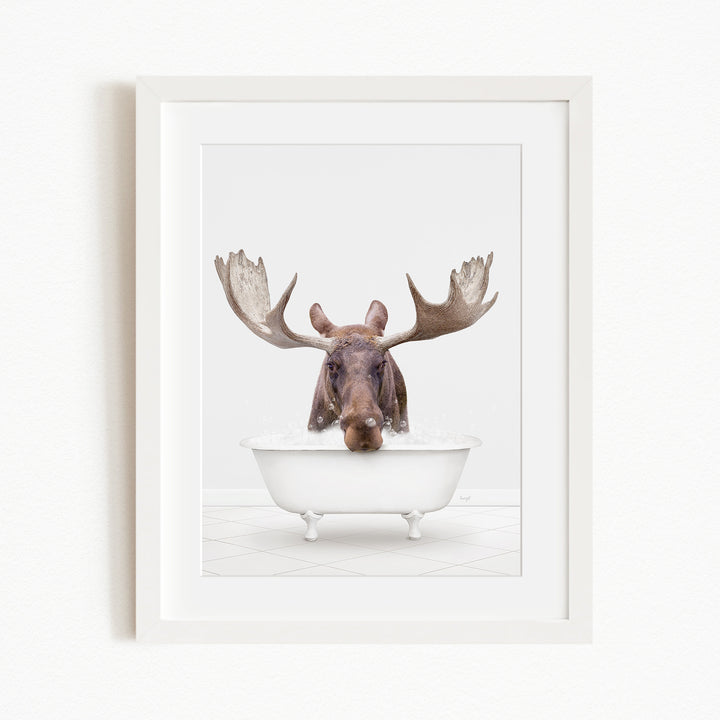 A moose with large antlers is sitting in a white bathtub, appearing to be enjoying a bath.