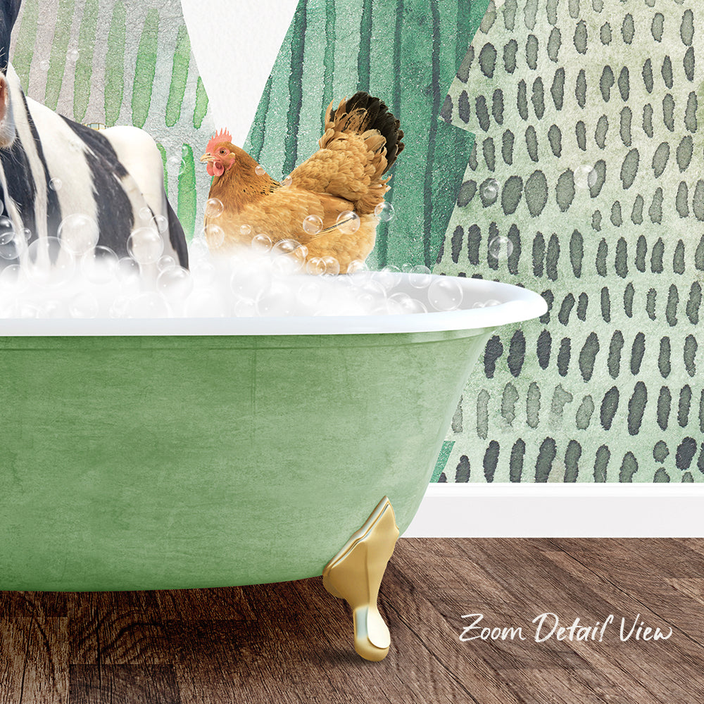 A green clawfoot bathtub filled with bubbles, with a brown chicken standing inside and a black and white zebra standing next to it.