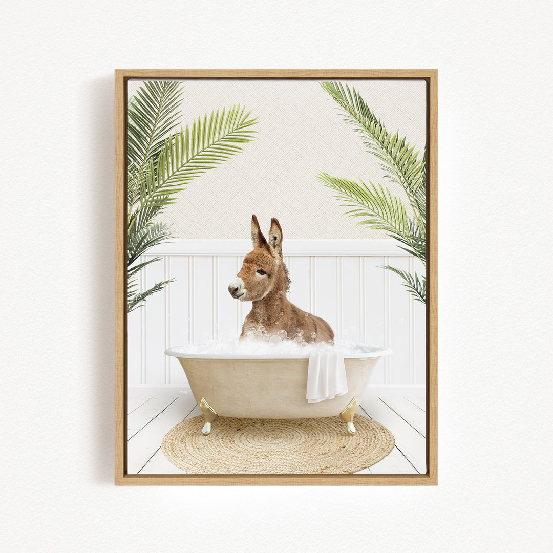 A donkey is sitting in a bathtub filled with water, surrounded by palm leaves, creating a whimsical and playful scene.