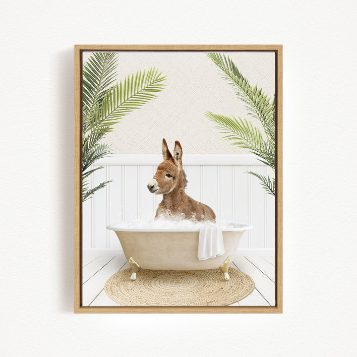 A donkey is sitting in a bathtub filled with water, surrounded by palm leaves, creating a whimsical and playful scene.