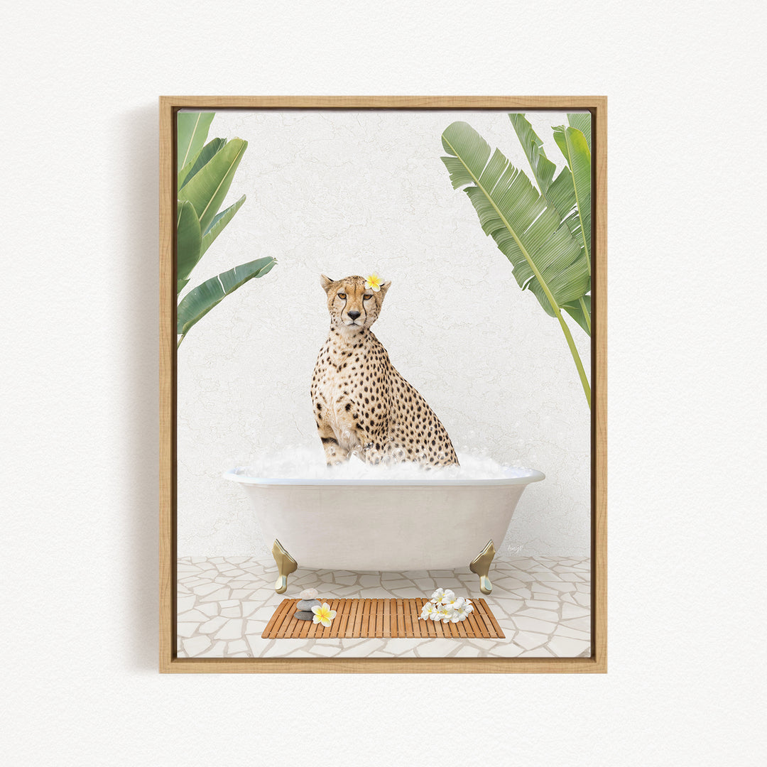 A cheetah sitting in a white bathtub, surrounded by tropical plants and flowers, creating a whimsical and playful scene.